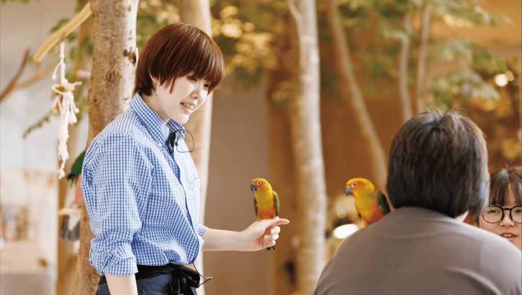 スタッフが小鳥をお客様の手に乗せる様子：MOFFの研修・サポート体制を表す写真